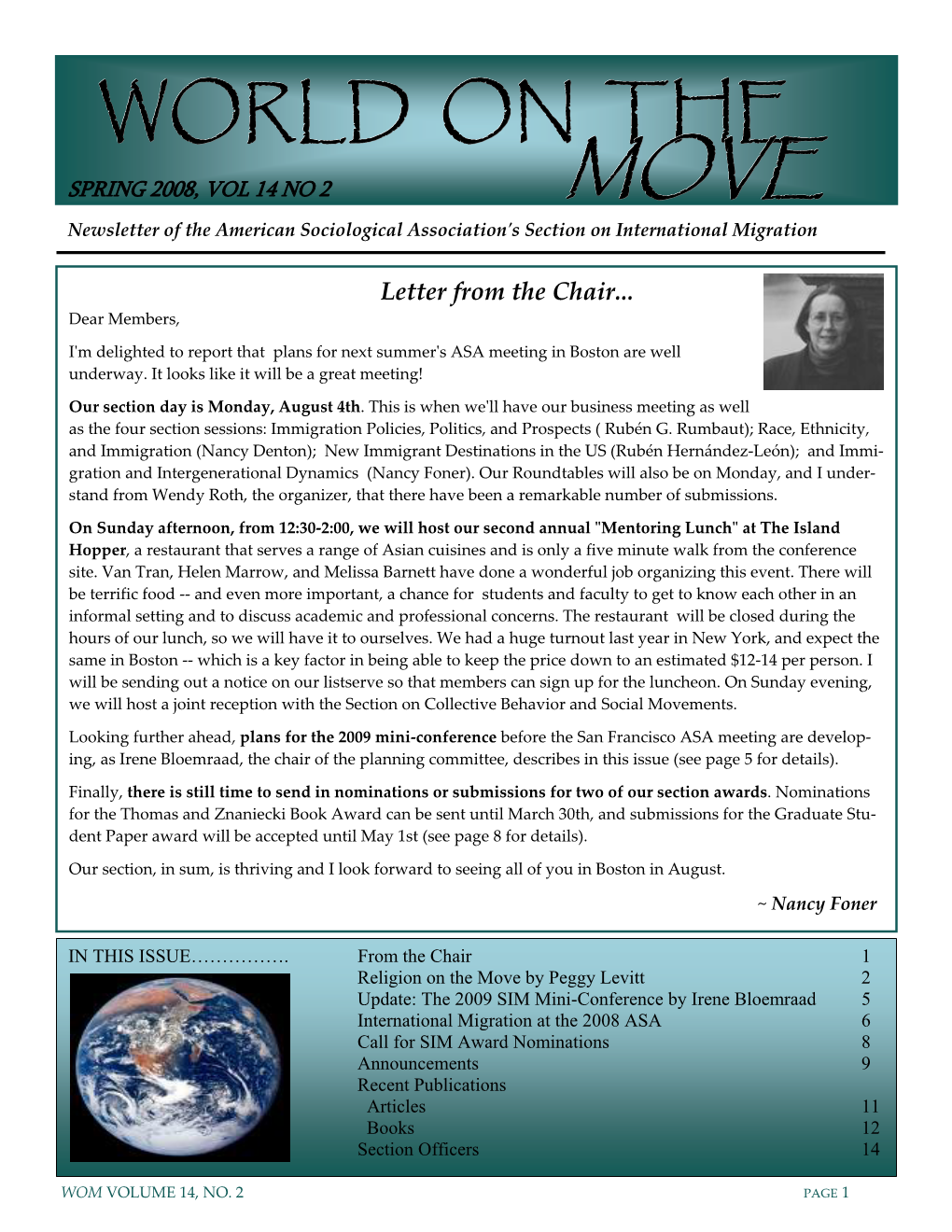 SPRING 2008, VOL 14 NO 2 MOVE Newsletter of the American Sociological Associationʹs Section on International Migration