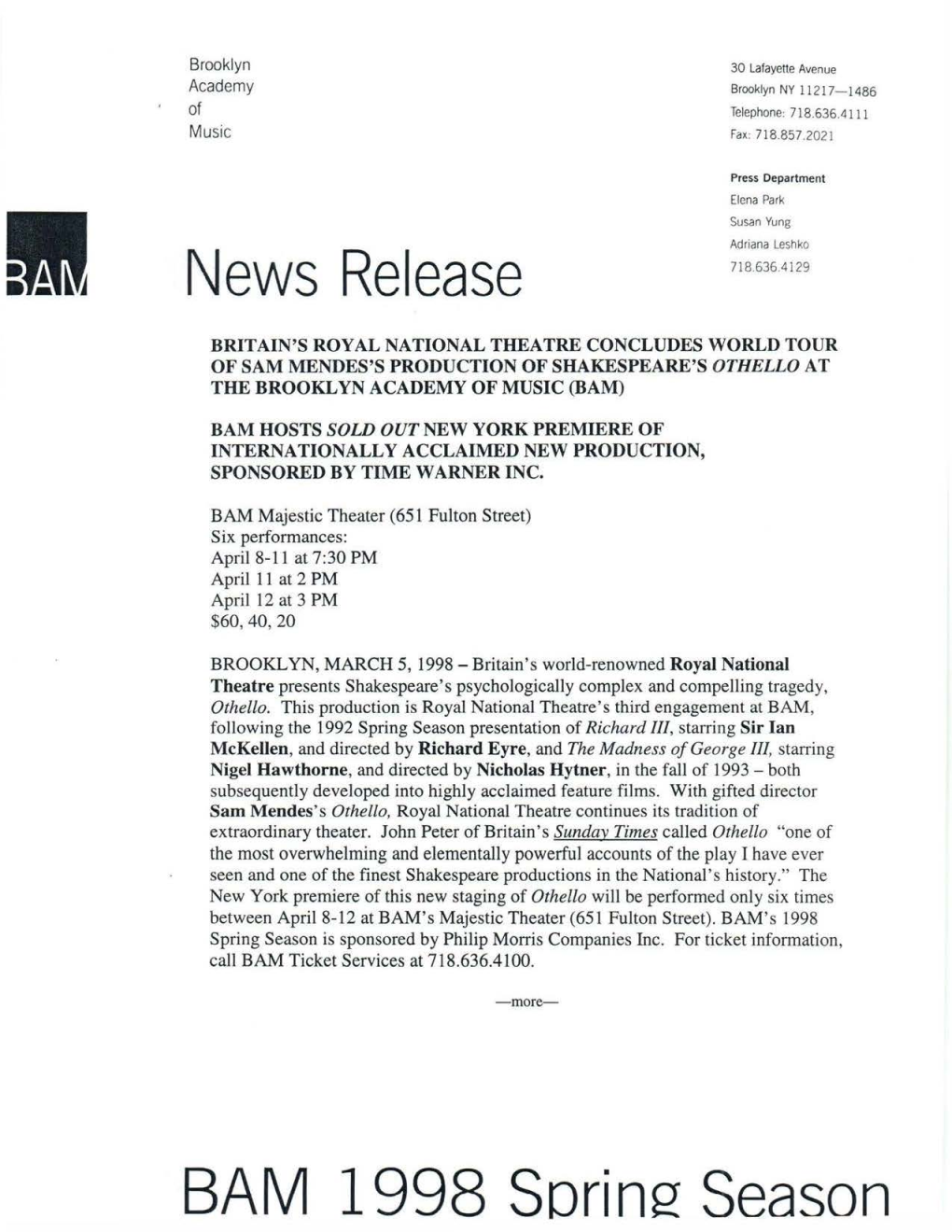 BAM 1998 Sorin2 Season Othello Press Release, Page 2