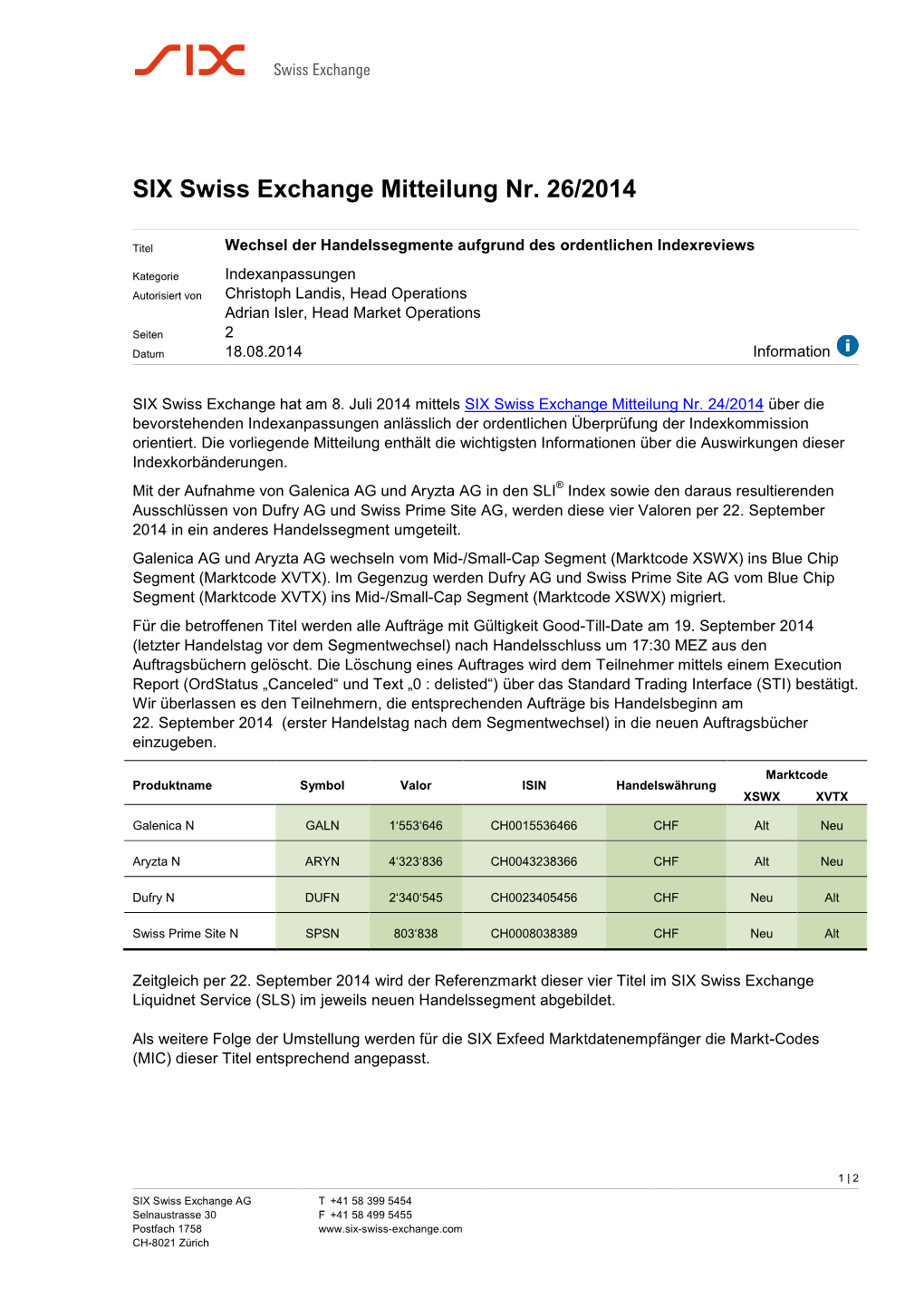 SIX Swiss Exchange Mitteilung Nr. 26/2014