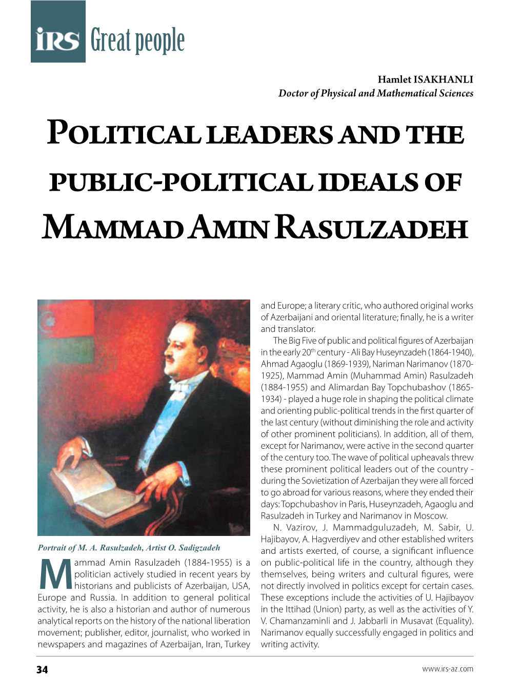 Political Leaders and the Public-Political Ideals of Mammad Amin Rasulzadeh