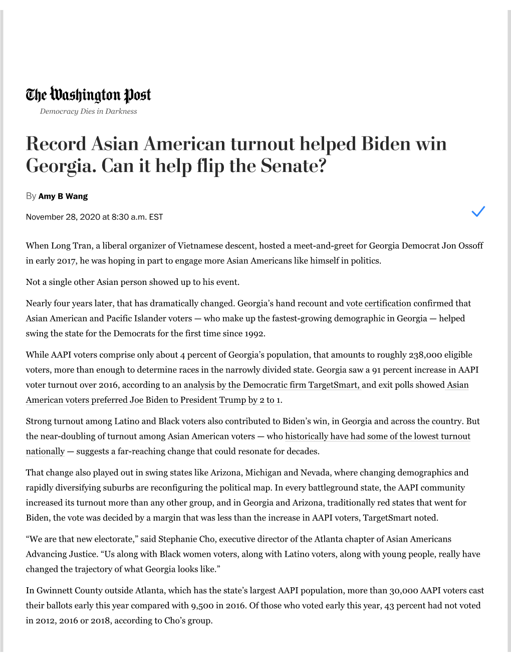 Record Asian American Turnout Helped Biden Win Georgia. Can It Help Flip the Senate?