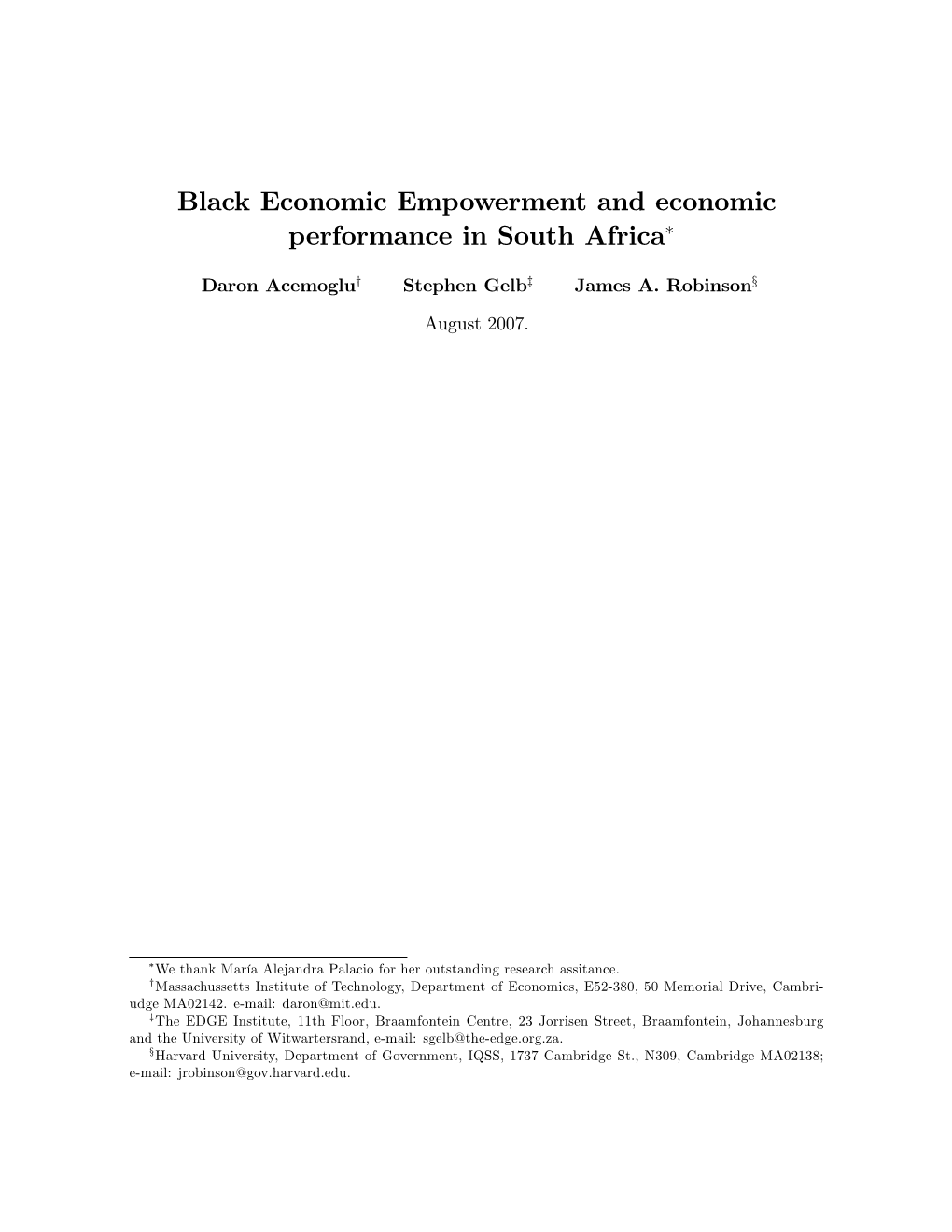 Black Economic Empowerment and Economic Performance in South Africa