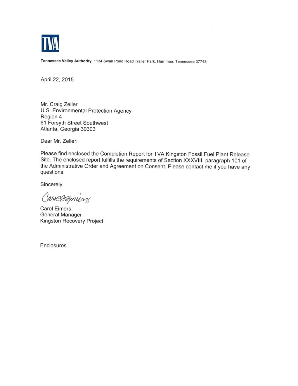 April 22, 2015 Letter from TVA to EPA Re: Kingston Coal Ash Spill Cleanup