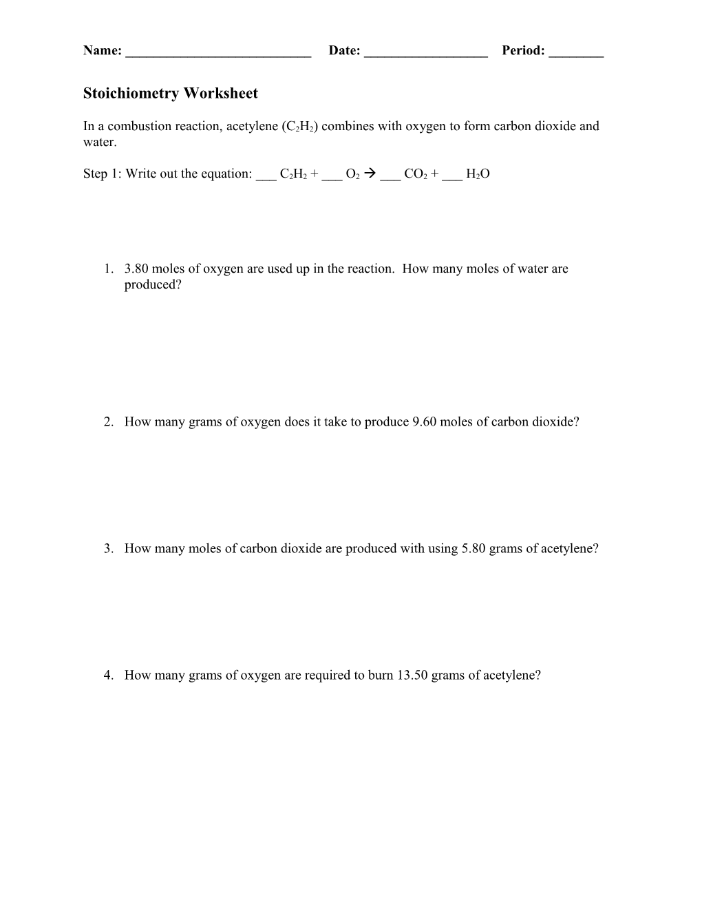 Stoichiometry Worksheet