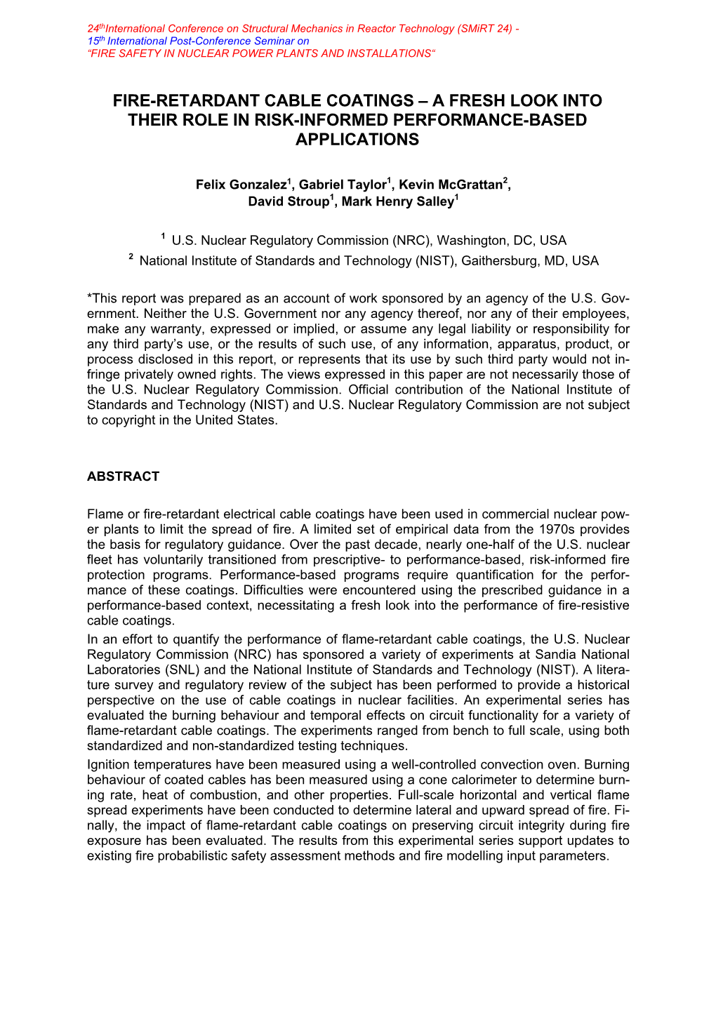 Fire-Retardant Cable Coatings – a Fresh Look Into Their Role in Risk-Informed Performance-Based Applications