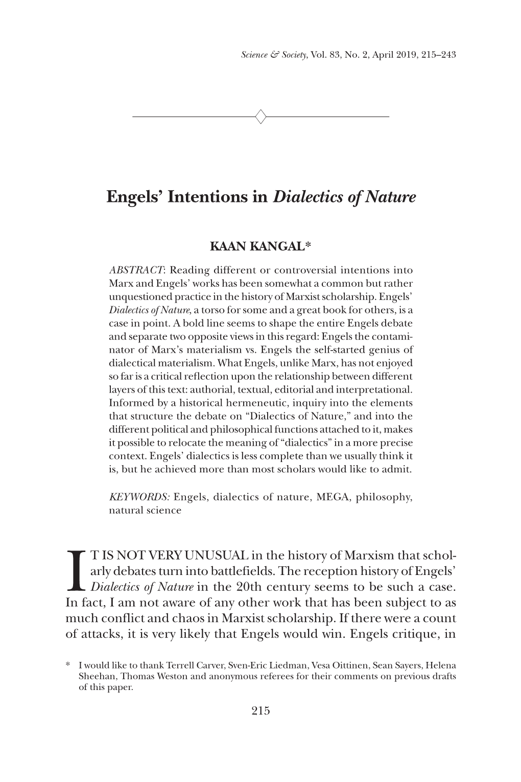 Engels' Intentions in Dialectics of Nature