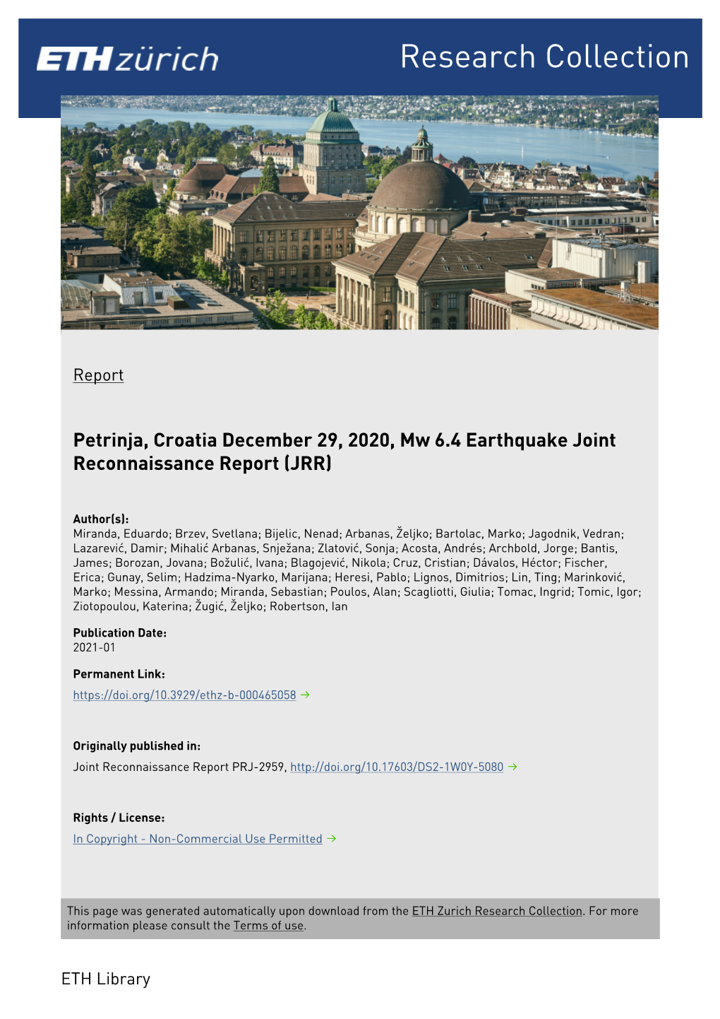 Petrinja, Croatia December 29, 2020, Mw 6.4 Earthquake Joint Reconnaissance Report (JRR)