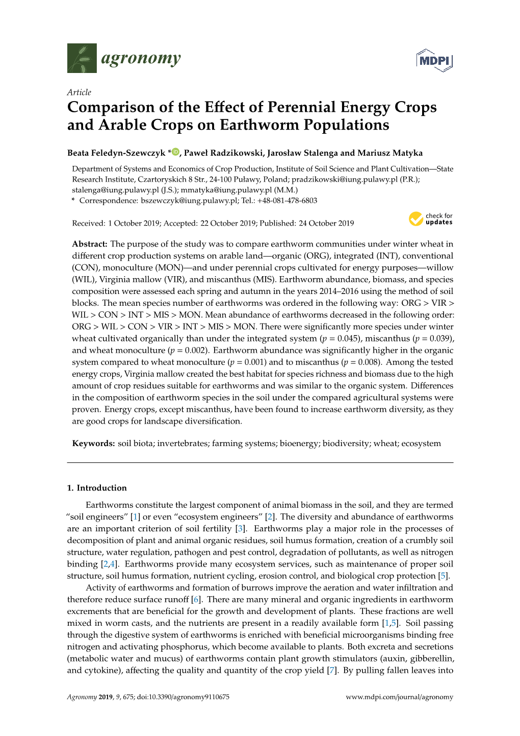 Comparison of the Effect of Perennial Energy Crops and Arable Crops On
