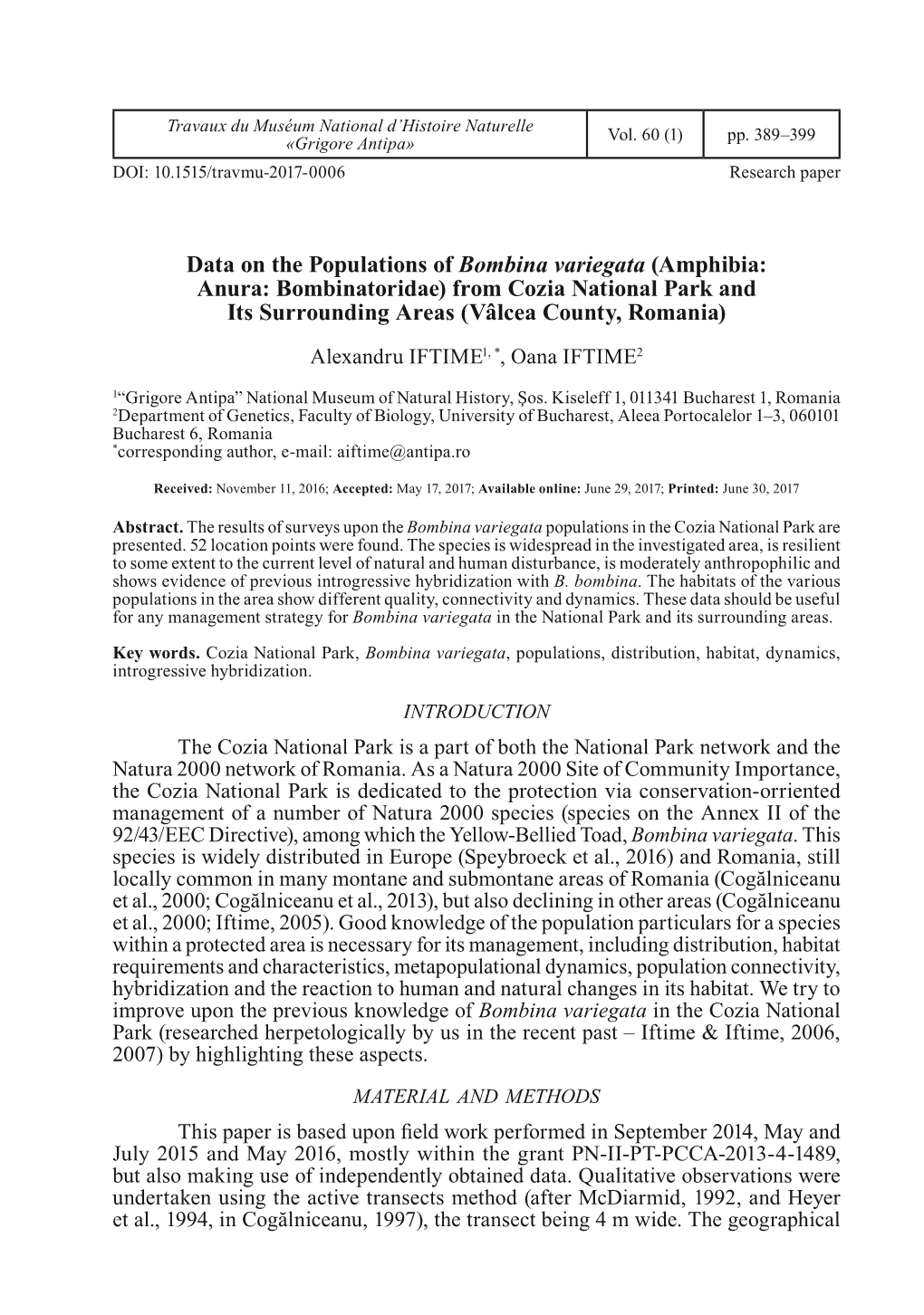 Data on the Populations of Bombina Variegata (Amphibia: Anura