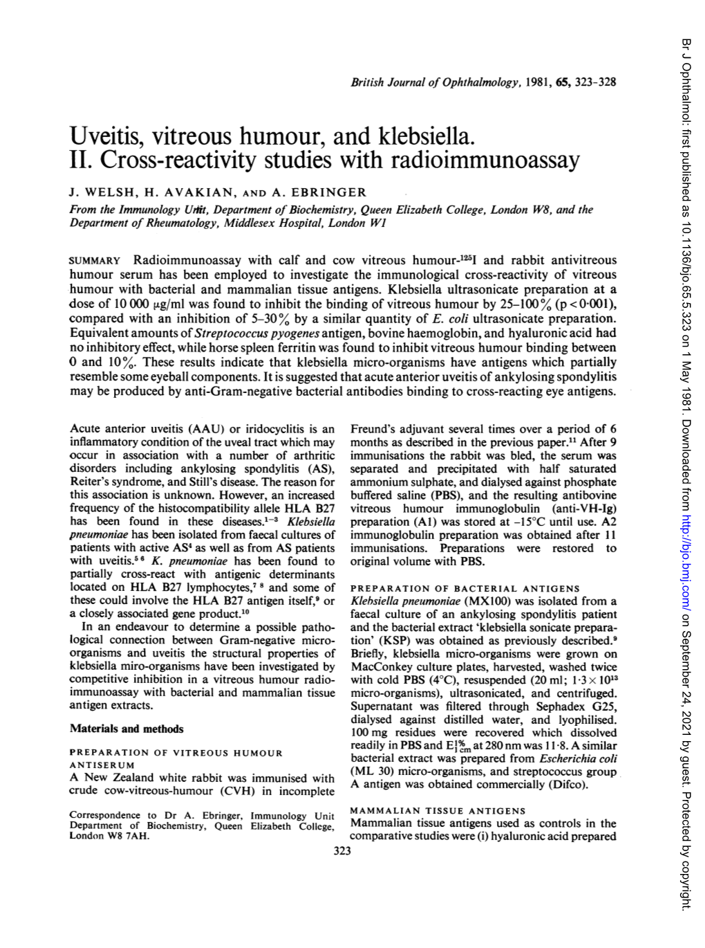 Uveitis, Vitreous Humour, and Klebsiella. II. Cross-Reactivity Studies with Radioimmunoassay