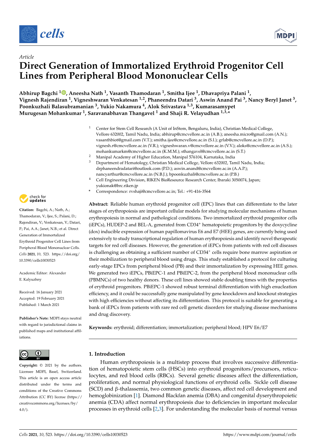 Direct Generation of Immortalized Erythroid Progenitor Cell Lines from Peripheral Blood Mononuclear Cells