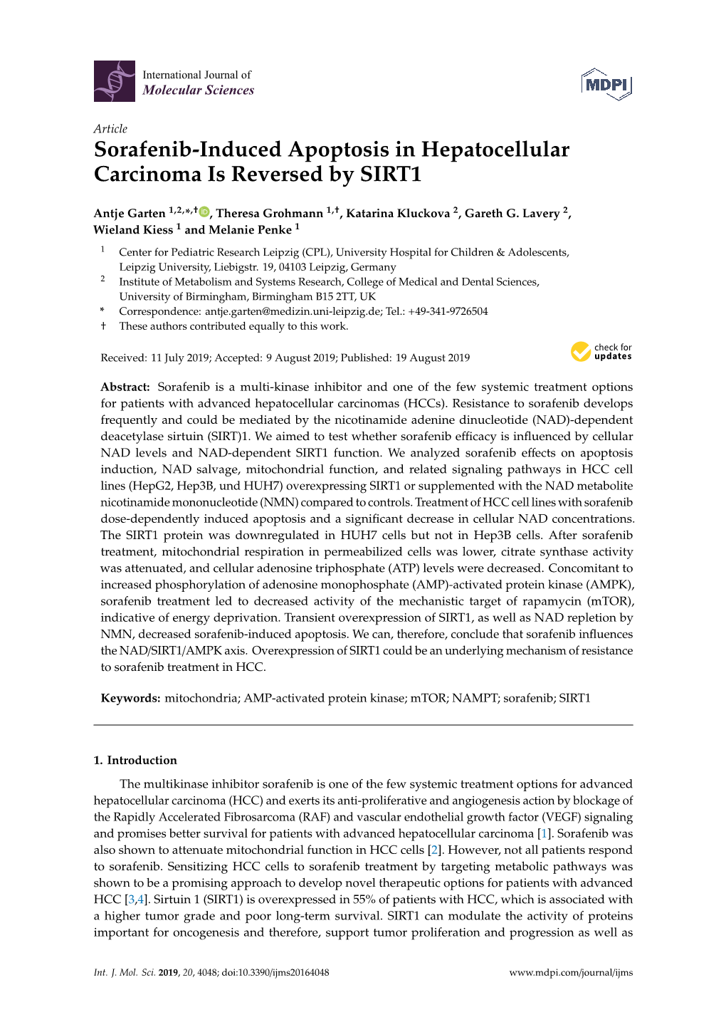 Sorafenib-Induced Apoptosis in Hepatocellular Carcinoma Is Reversed by SIRT1