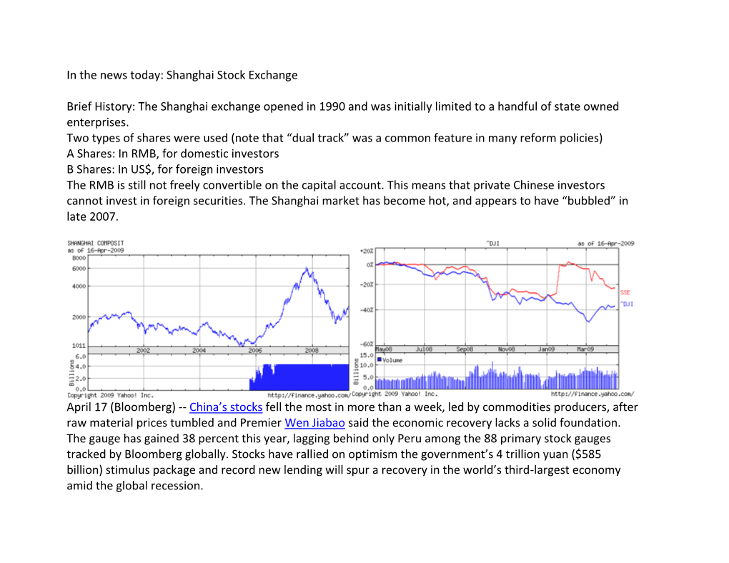 In the News Today: Shanghai Stock Exchange Brief History: the Shanghai Exchange Opened in 1990 and Was Initially Limited to a Ha