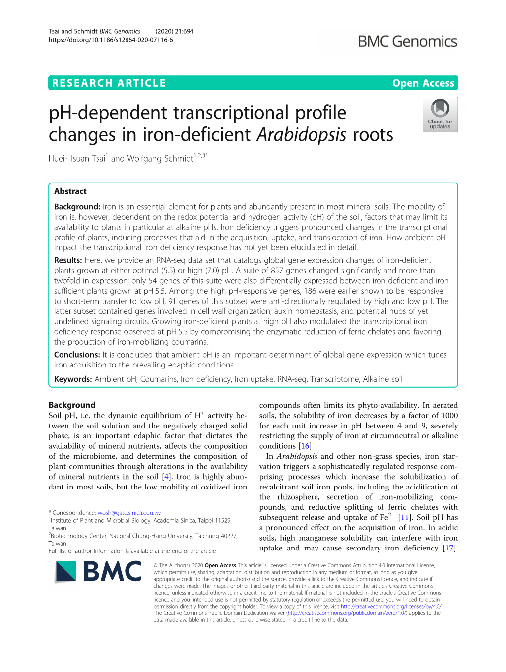 Ph-Dependent Transcriptional Profile Changes in Iron-Deficient Arabidopsis Roots Huei-Hsuan Tsai1 and Wolfgang Schmidt1,2,3*