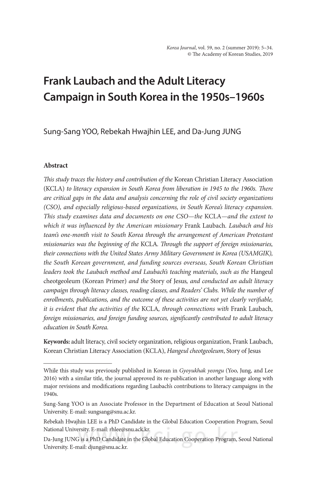 Frank Laubach and the Adult Literacy Campaign in South Korea in the 1950S–1960S