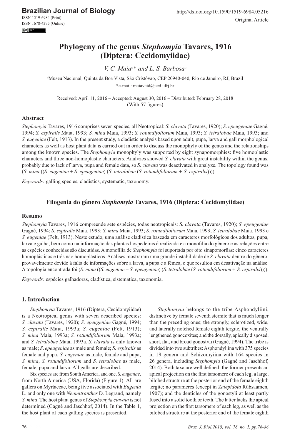 Phylogeny of the Genus Stephomyia Tavares, 1916 (Diptera: Cecidomyiidae) V