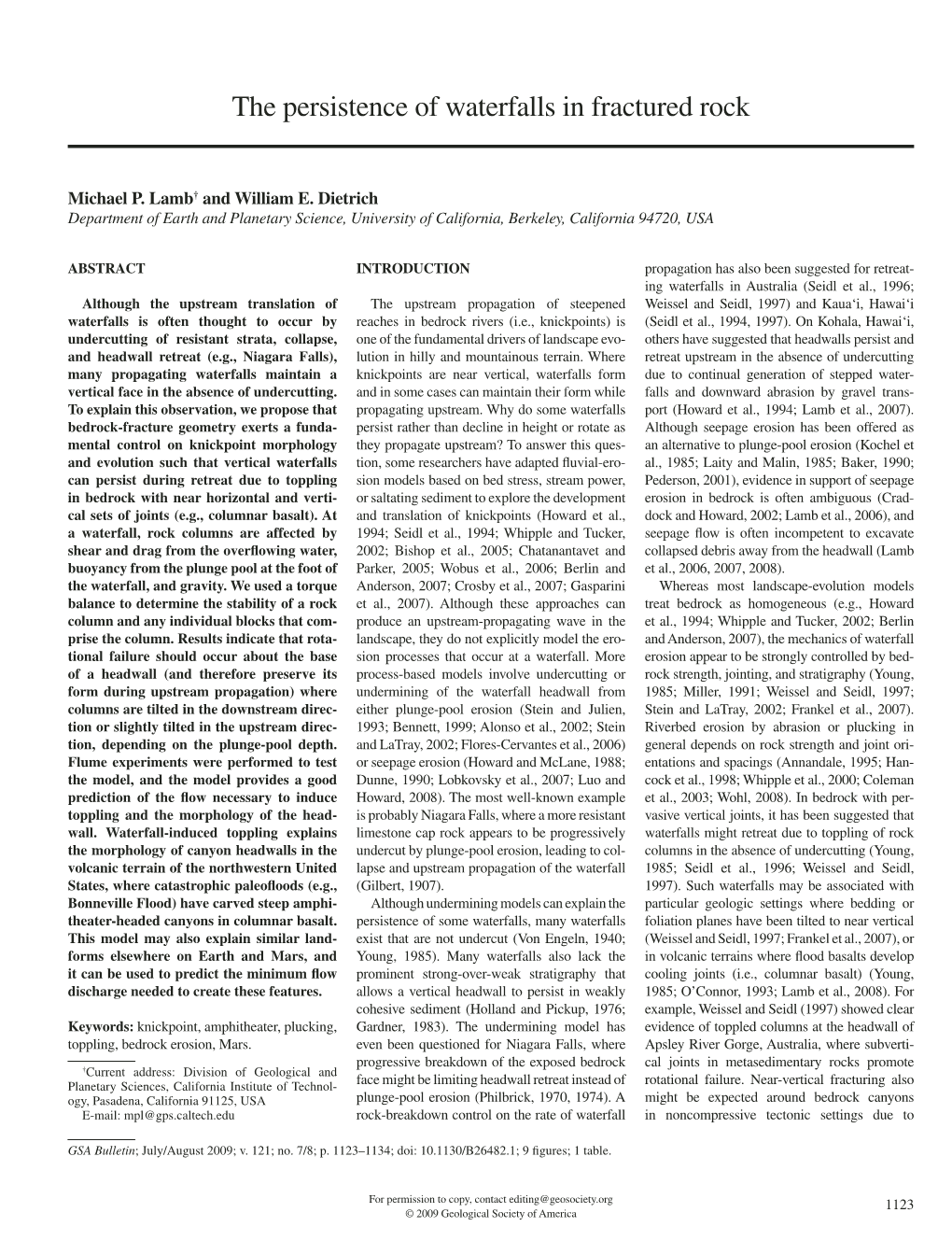 The Persistence of Waterfalls in Fractured Rock