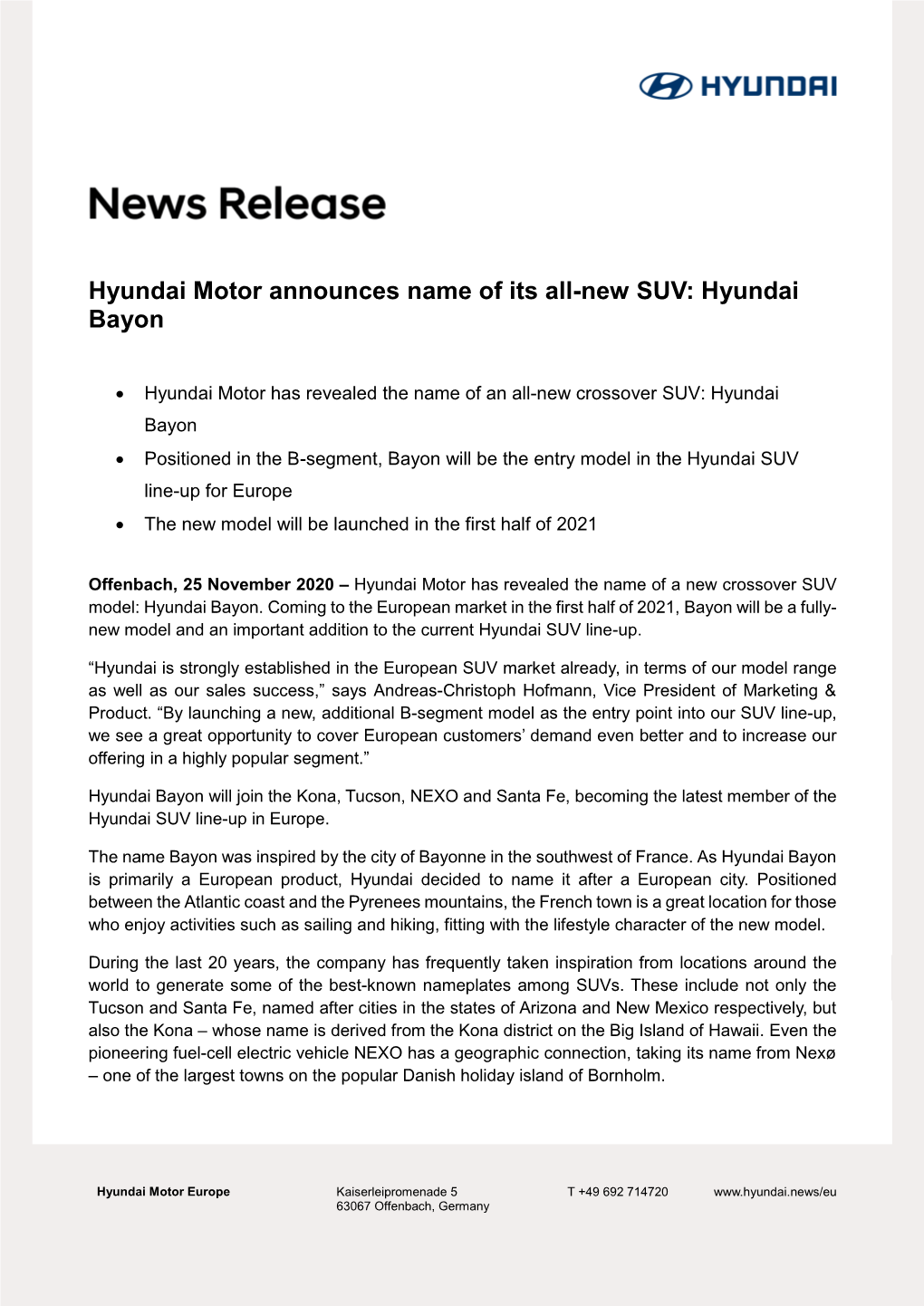 Hyundai Motor Announces Name of Its All-New SUV: Hyundai Bayon