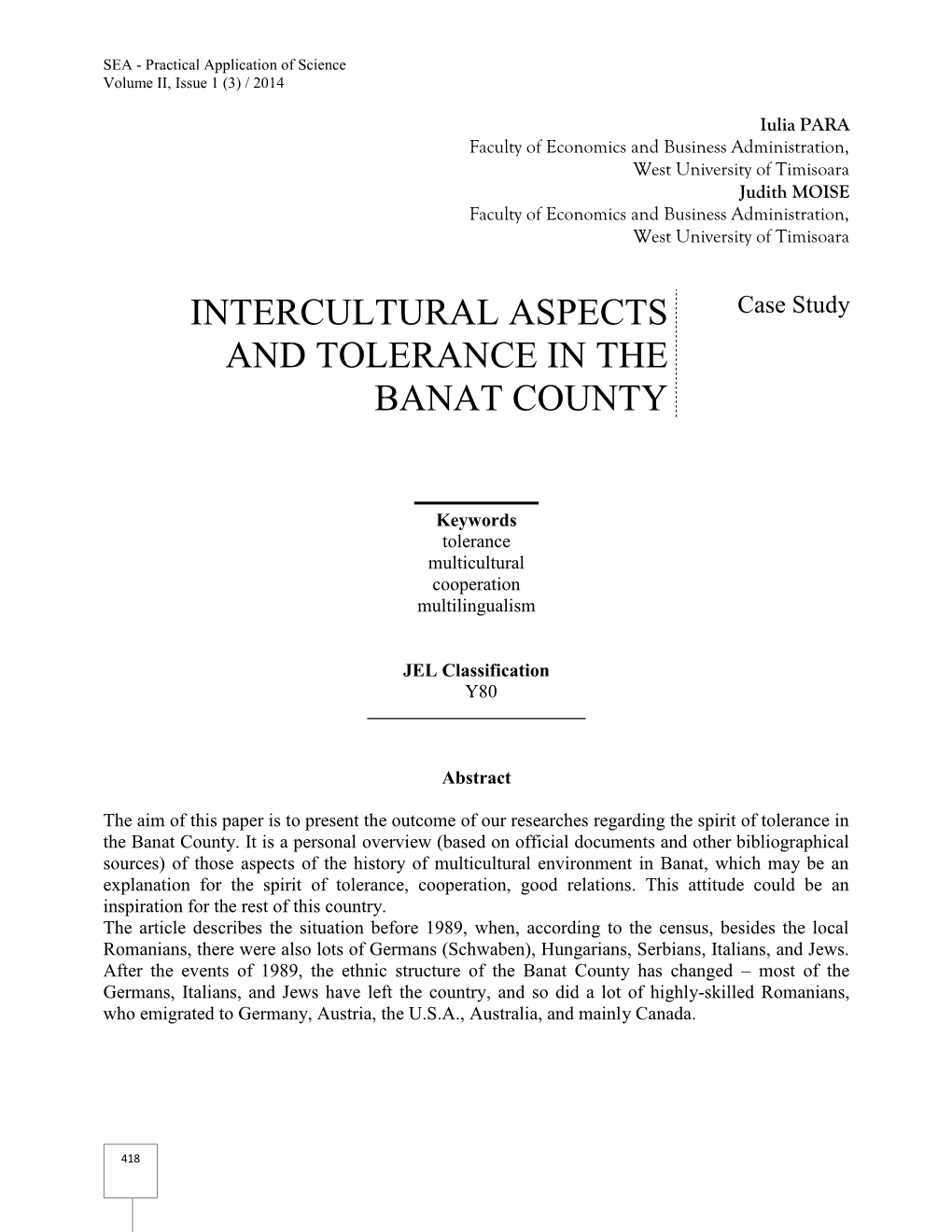 Intercultural Aspects and Tolerance in the Banat