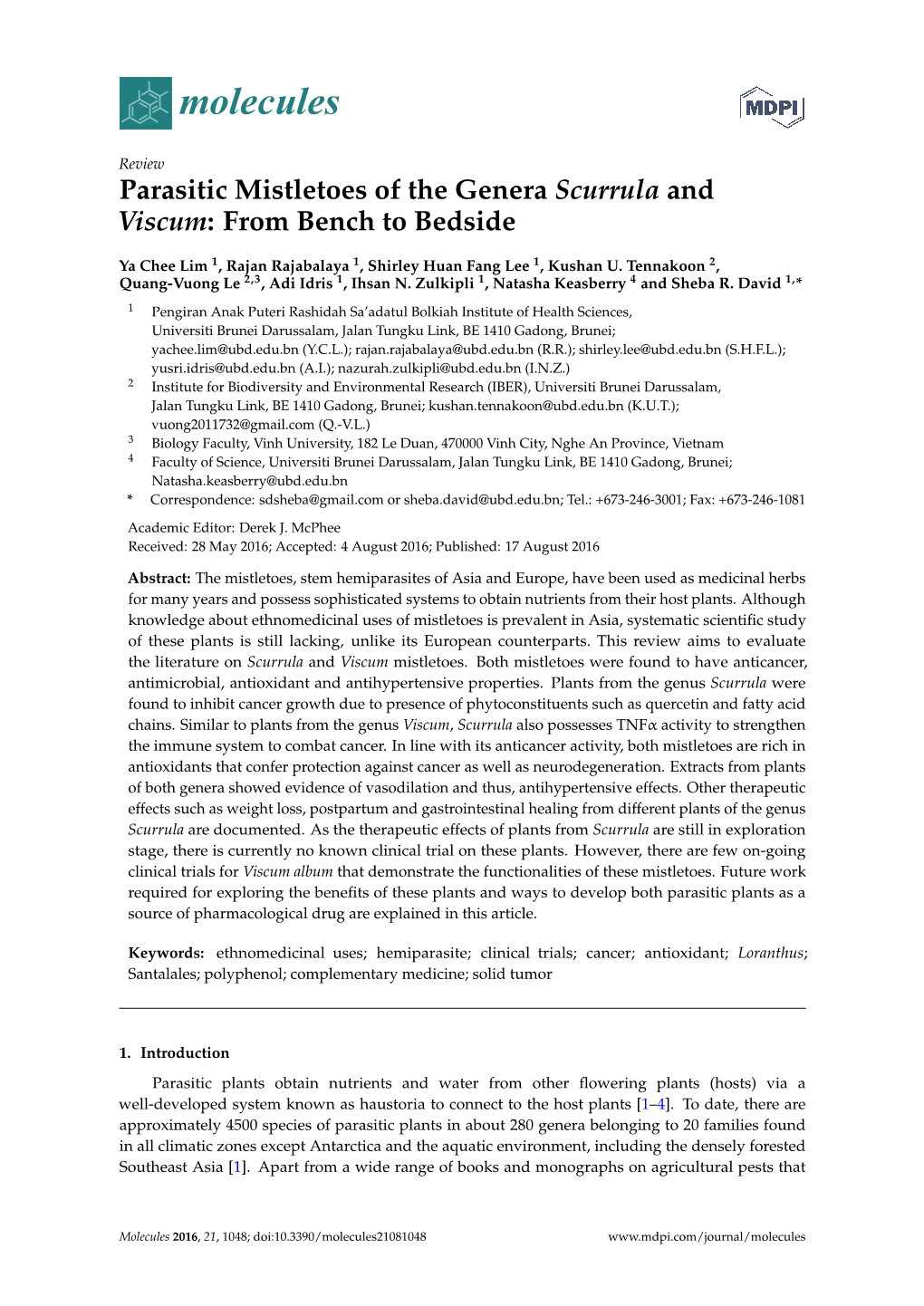 Parasitic Mistletoes of the Genera Scurrula and Viscum: from Bench to Bedside