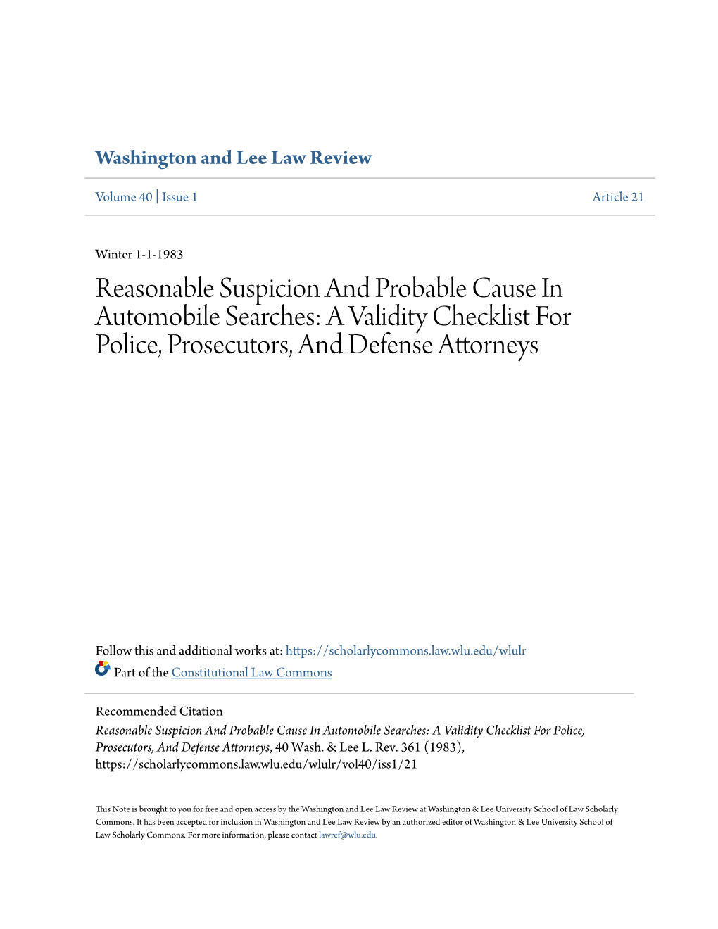 Reasonable Suspicion and Probable Cause in Automobile Searches: a Validity Checklist for Police, Prosecutors, and Defense Attorneys