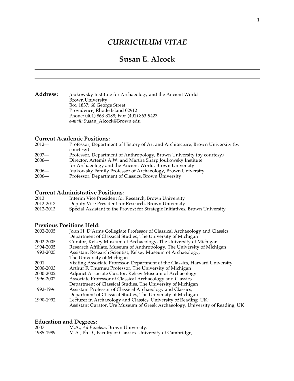 CURRICULUM VITAE Susan E. Alcock