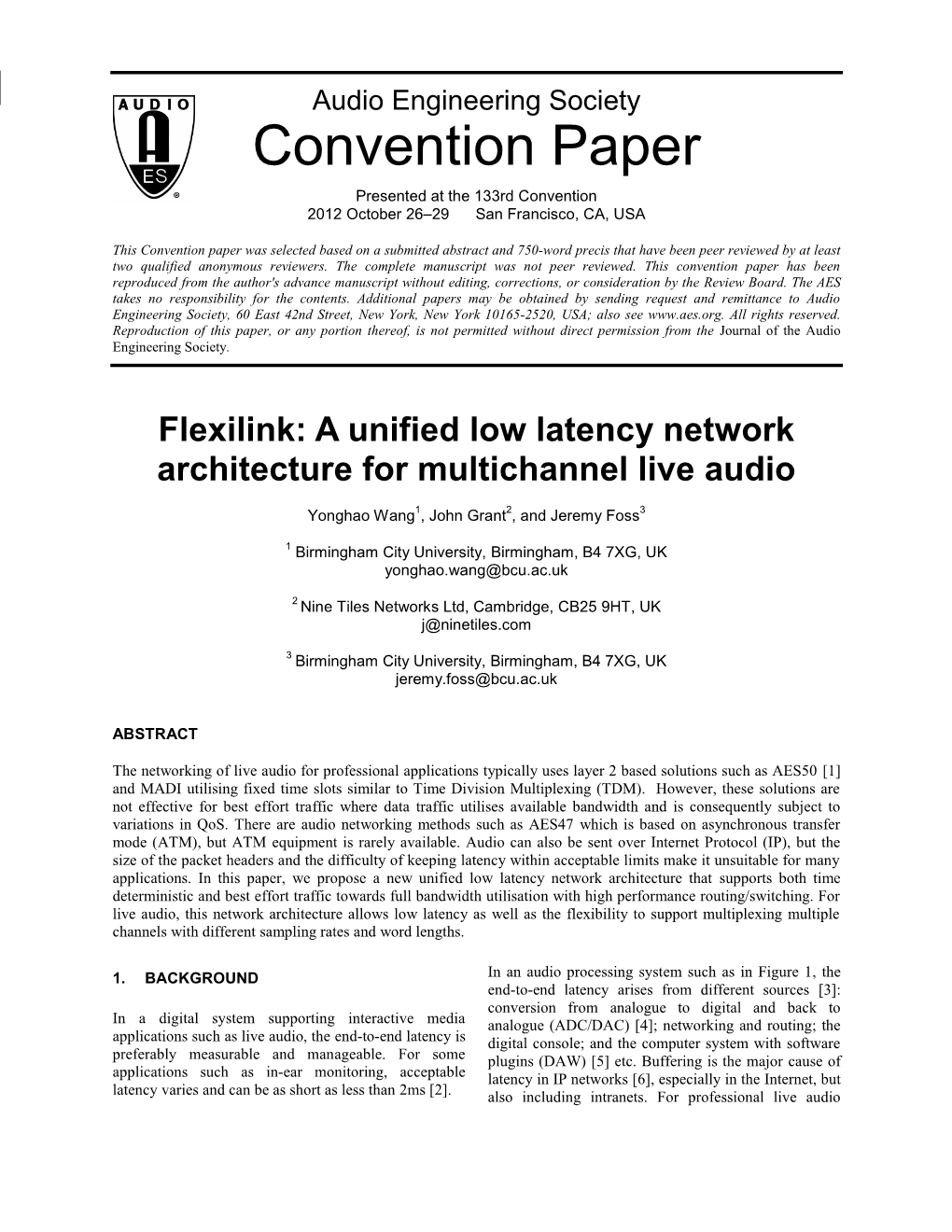 Low Latency Audio Network Paper 2012