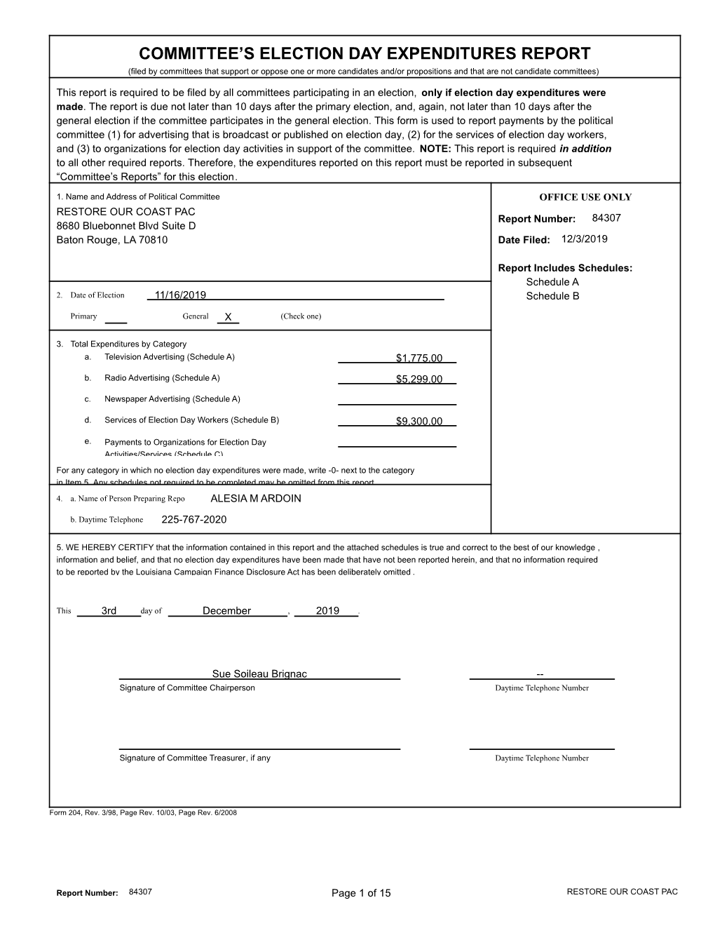 Committee's Election Day Expenditures Report