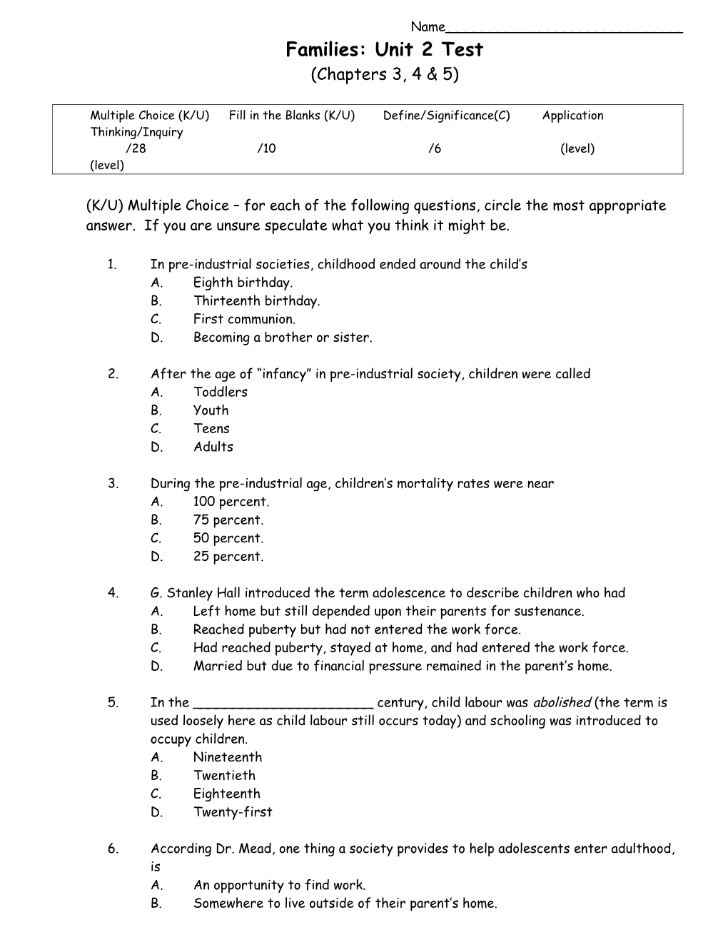 Families: Unit 2 Test