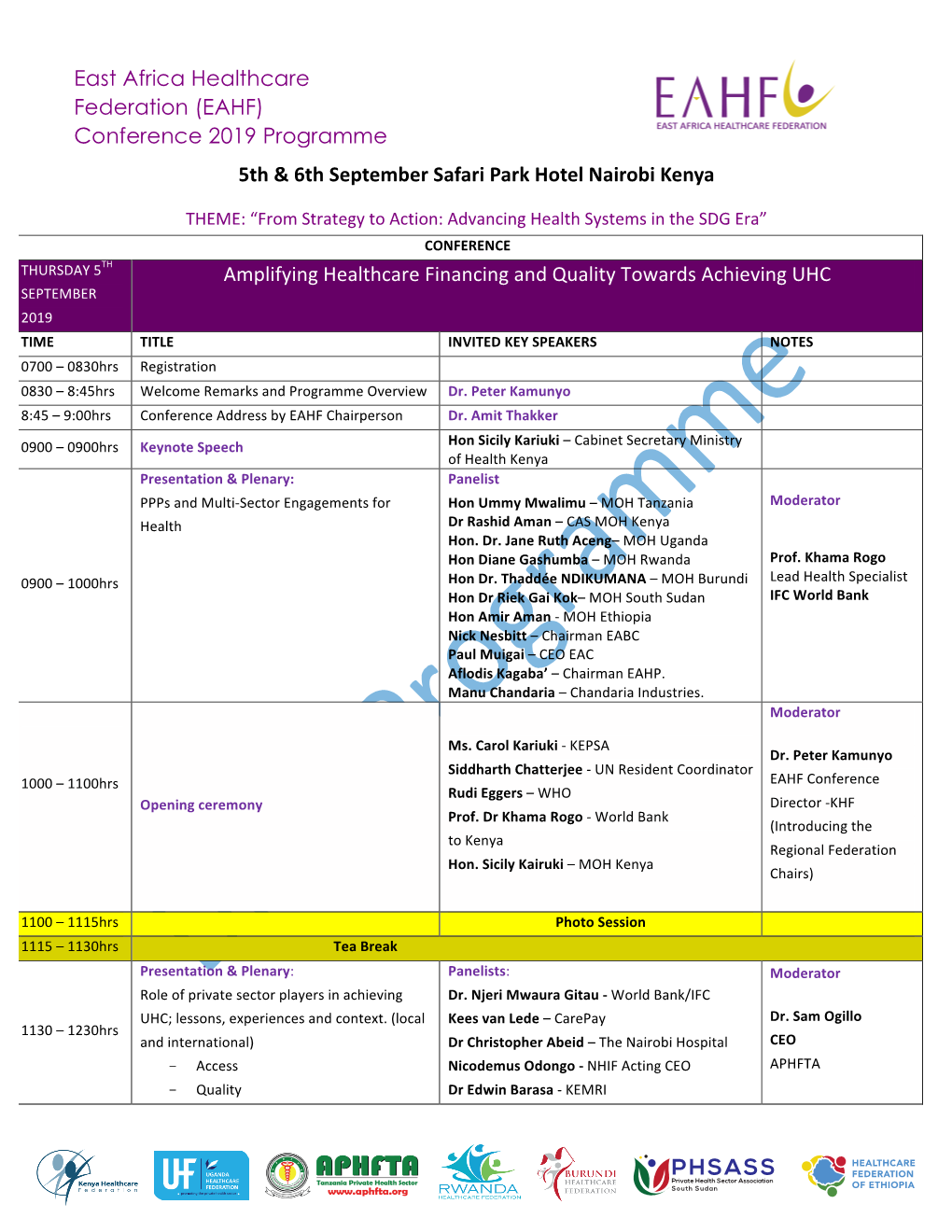 East Africa Healthcare Federation (EAHF) Conference 2019 Programme