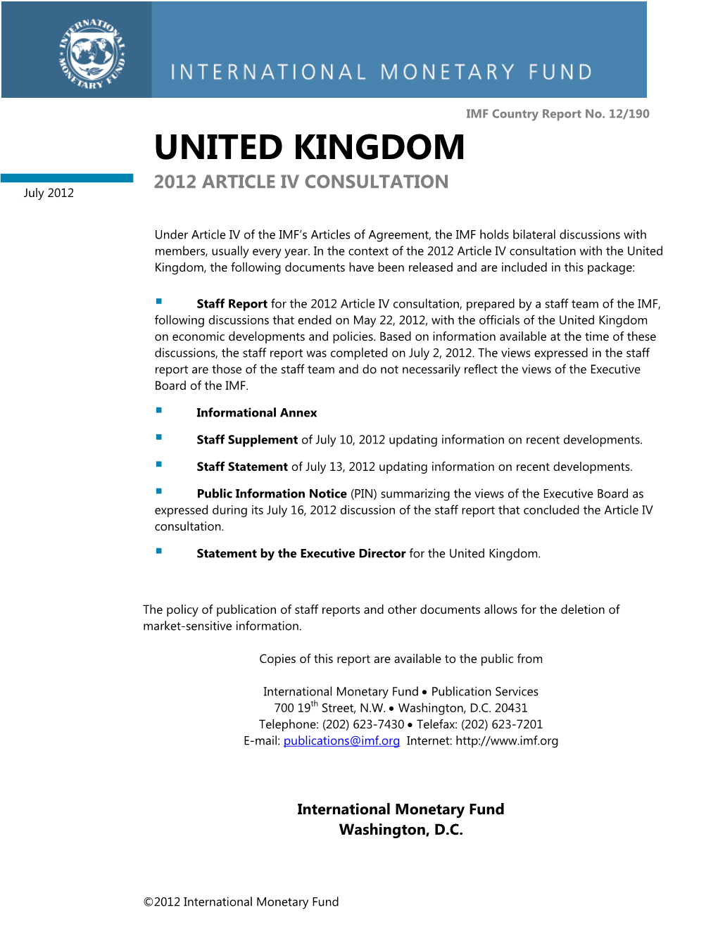 United Kingdom: 2012 Article IV Consultation