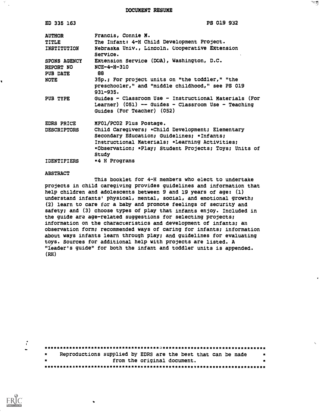 DOCUMENT RESUME PS 019 932 AUTHOR the Infant