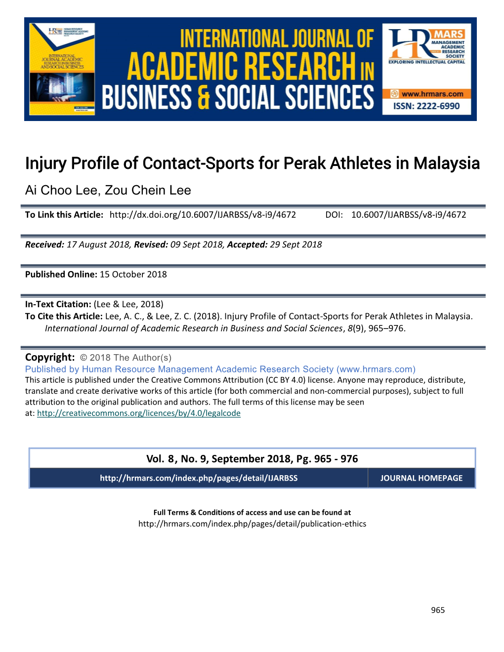 Injury Profile of Contact-Sports for Perak Athletes in Malaysia