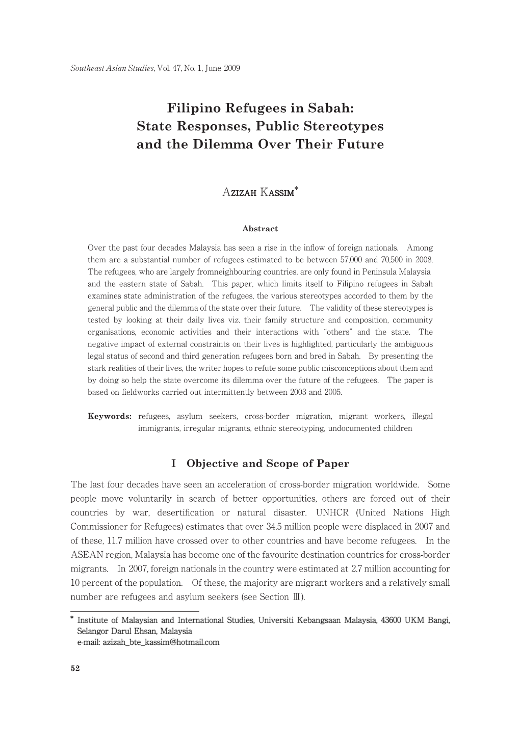 Filipino Refugees in Sabah: State Responses, Public Stereotypes and the Dilemma Over Their Future