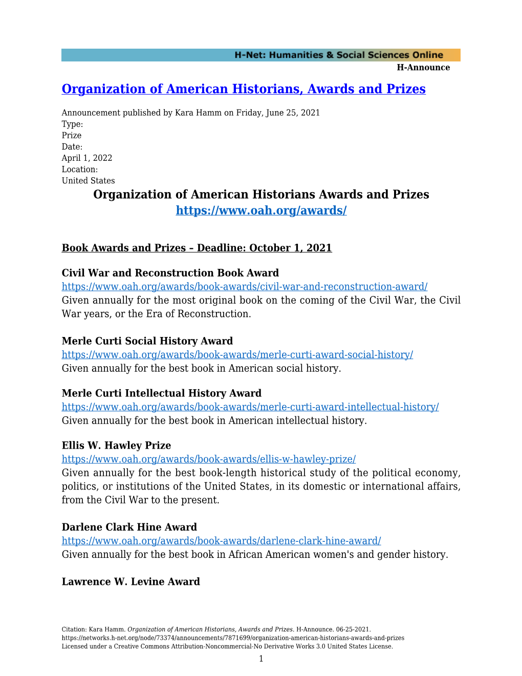 Organization of American Historians, Awards and Prizes