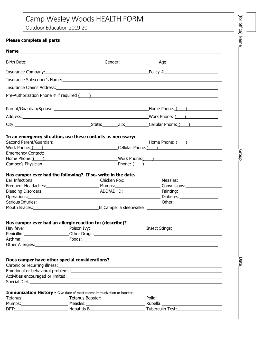 WW Camp Wesley Woods HEALTH FORM