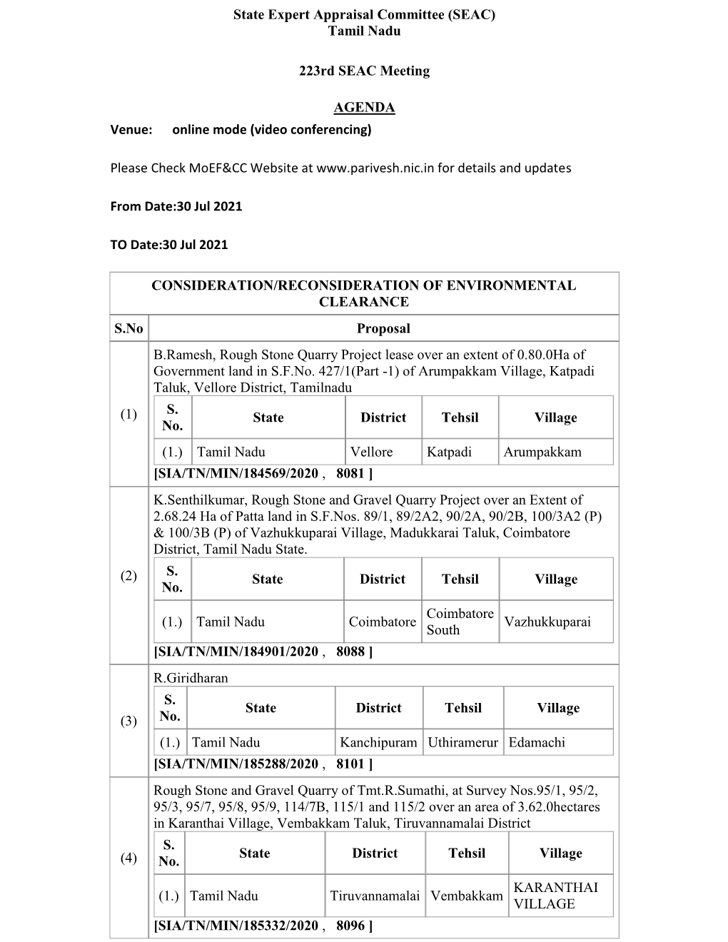 Tamil Nadu 223Rd SEAC Meeting AGENDA Venue