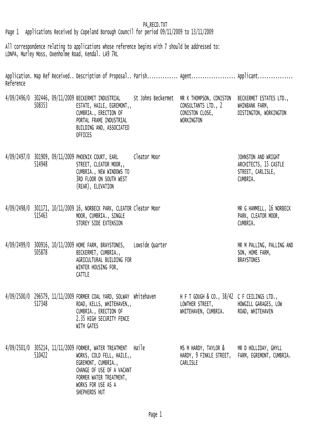 PA RECD.TXT Page 1 Applications Received by Copeland Borough Council for Period 09/11/2009 to 13/11/2009