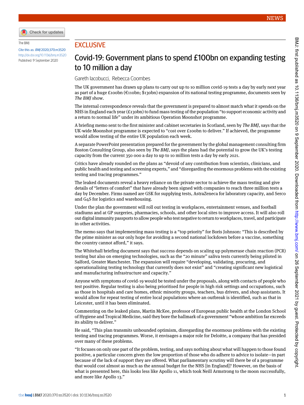 Covid-19: Government Plans to Spend £100Bn on Expanding Testing to 10