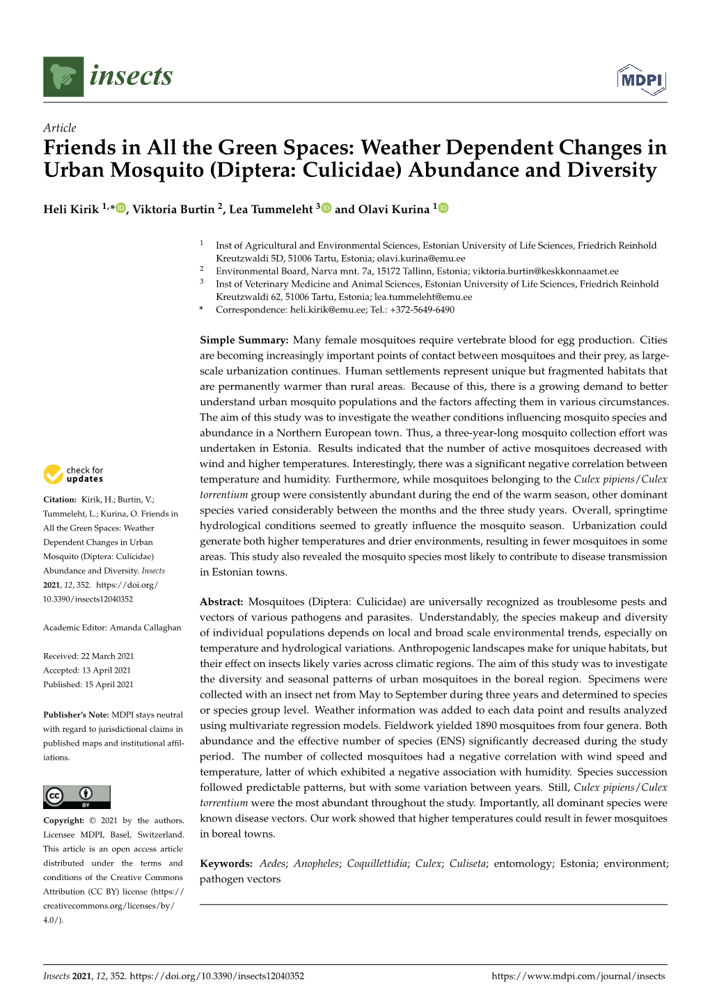 Weather Dependent Changes in Urban Mosquito (Diptera: Culicidae) Abundance and Diversity