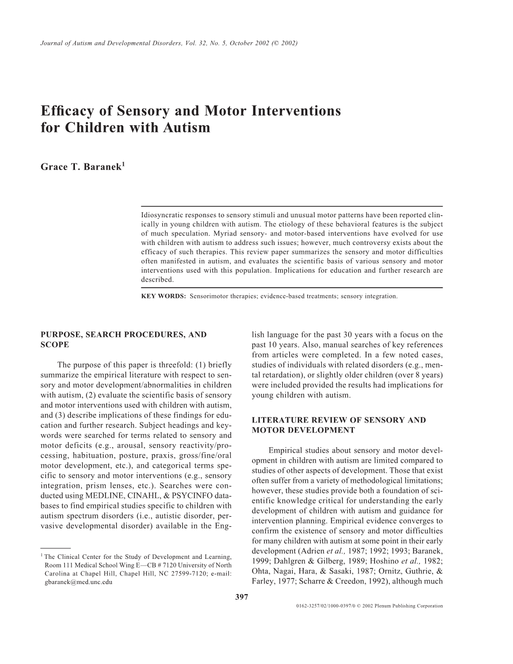 Efficacy of Sensory and Motor Interventions for Children with Autism