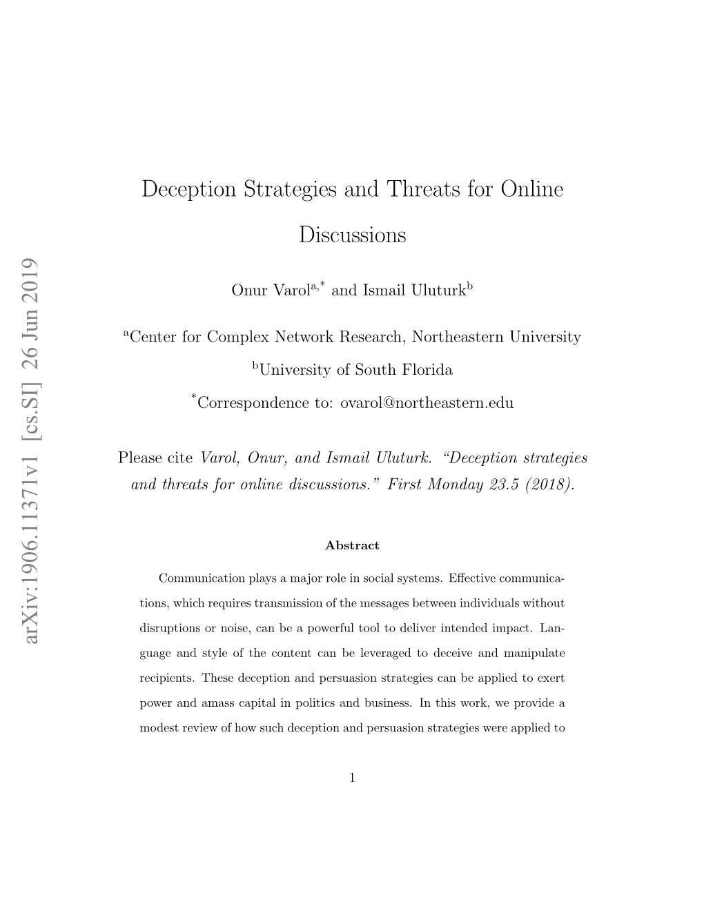 Deception Strategies and Threats for Online Discussions Arxiv:1906.11371V1 [Cs.SI] 26 Jun 2019