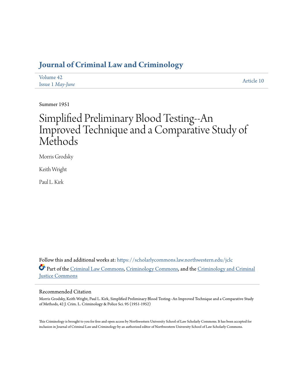 Simplified Preliminary Blood Testing--An Improved Technique and a Comparative Study of Methods, 42 J