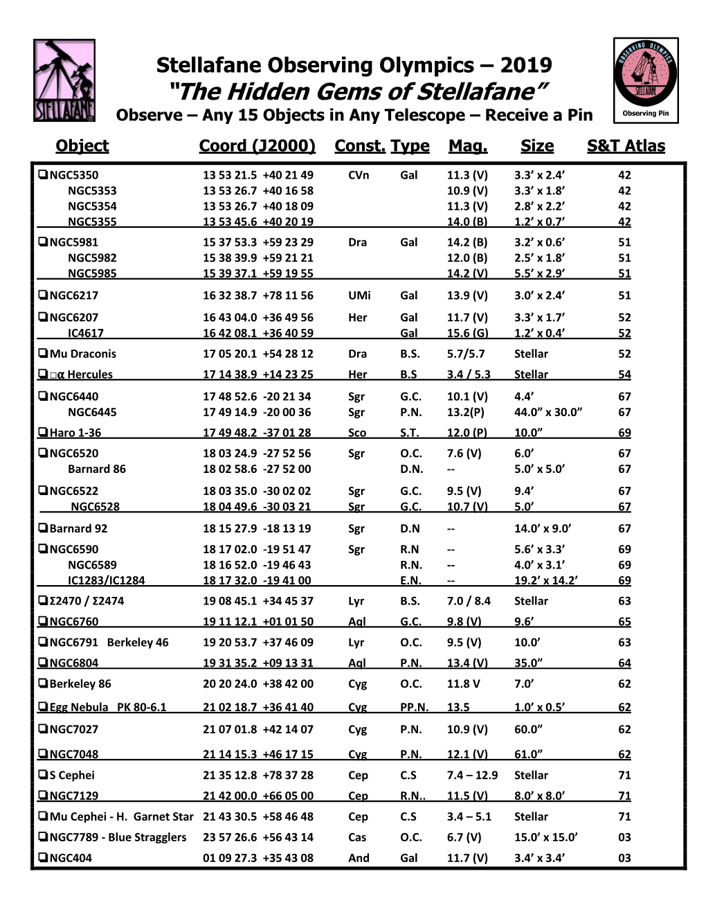 The Printable Telescope Observing Olympics Check List In