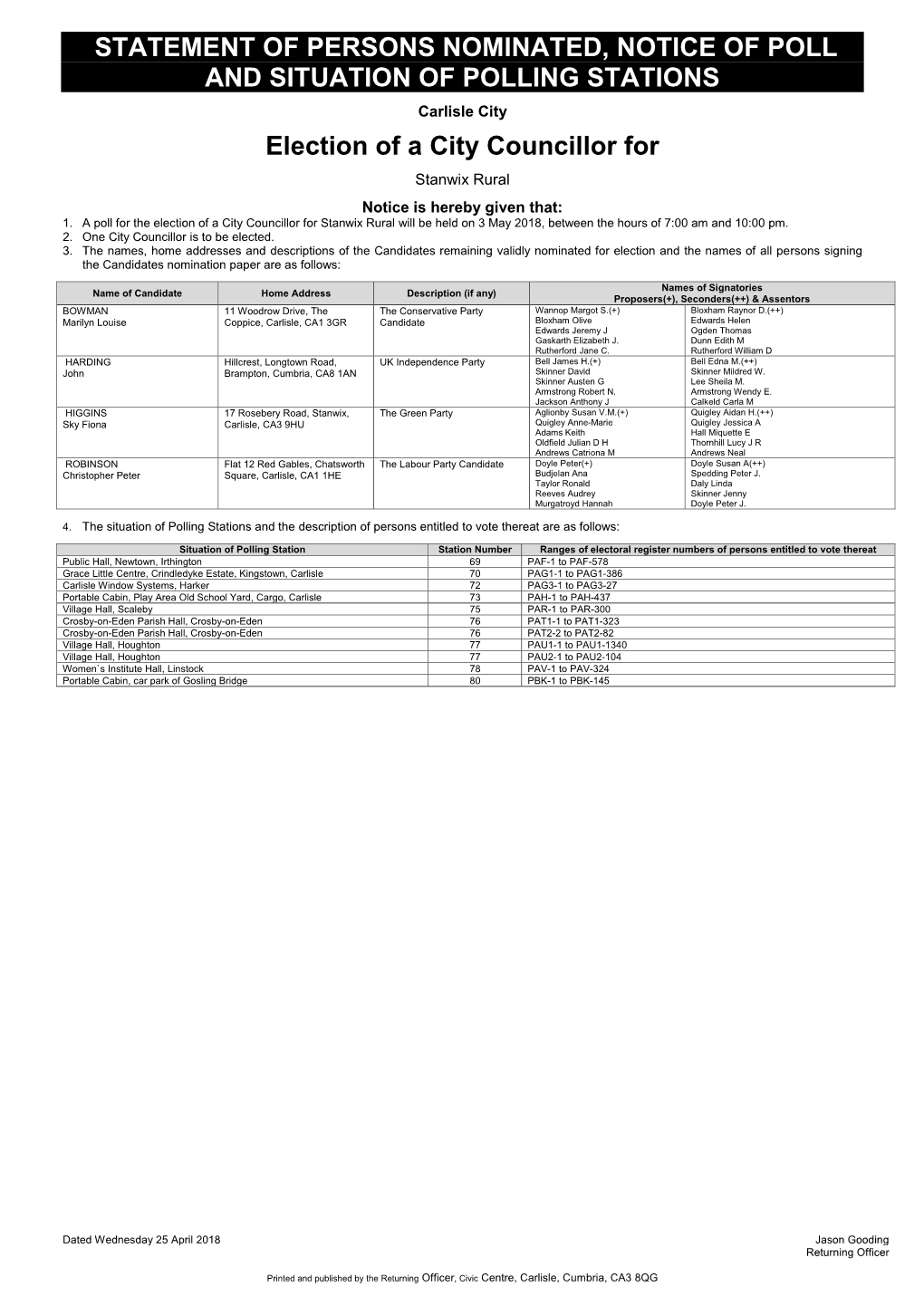 Statement of Persons Nominated & Notice of Poll & Situation of Polling Stations