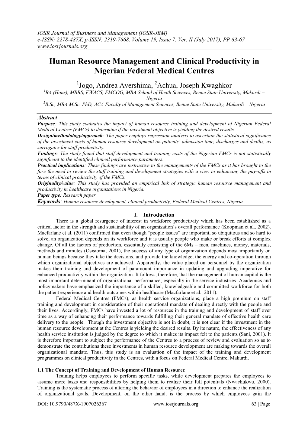 Human Resource Management and Clinical Productivity in Nigerian Federal Medical Centres