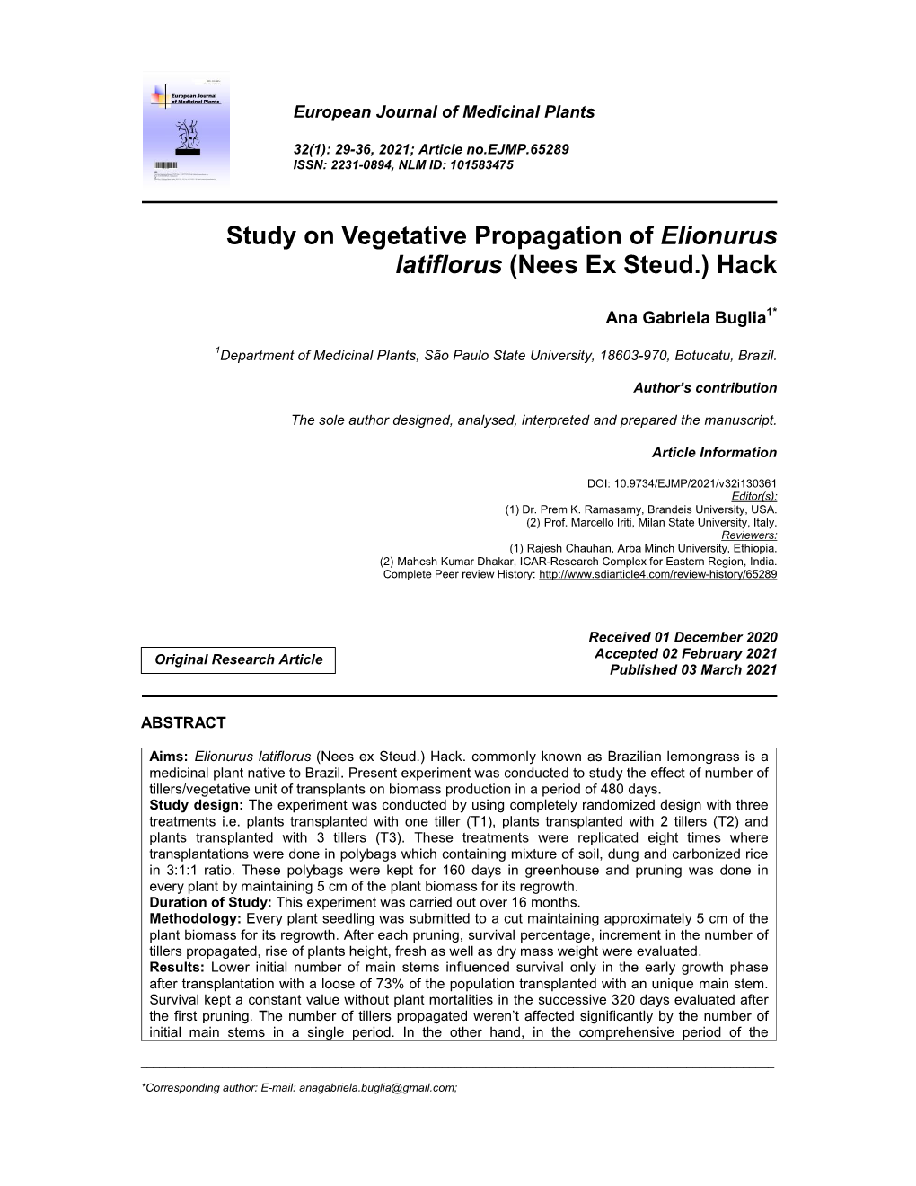 Study on Vegetative Propagation of Elionurus Latiflorus (Nees Ex Steud.) Hack