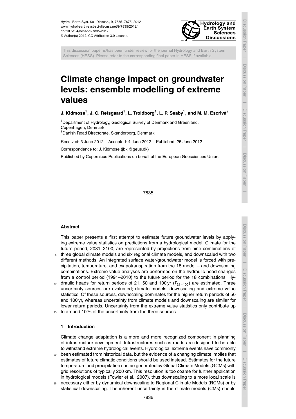 Climate Change Impact on Groundwater Levels: Ensemble Modelling of Extreme Values J
