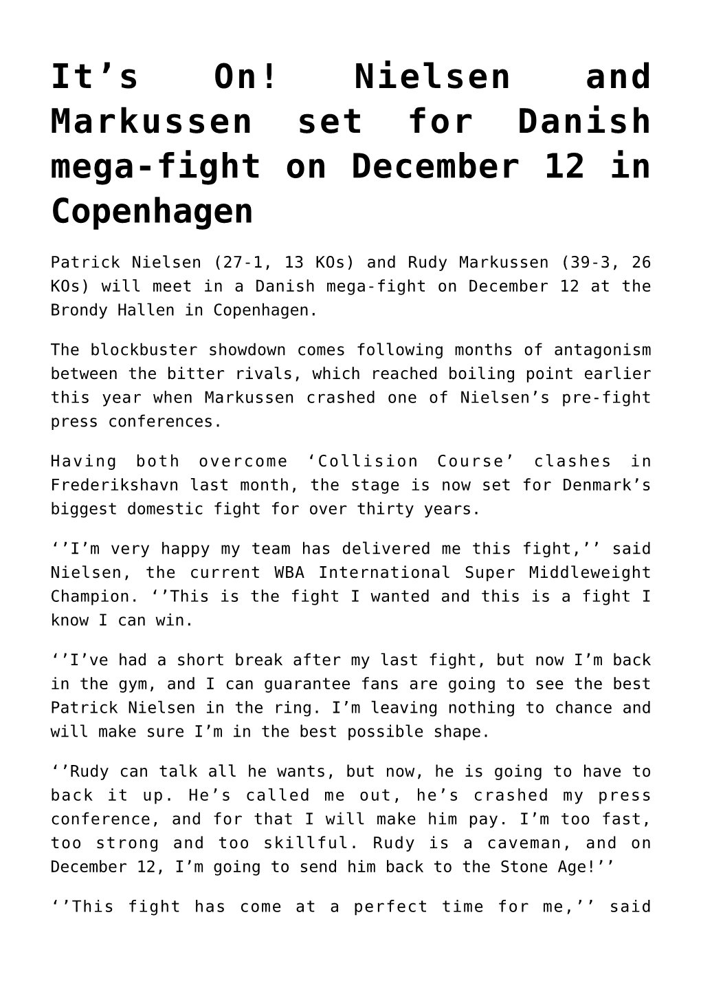 Nielsen and Markussen Set for Danish Mega-Fight on December 12 in Copenhagen