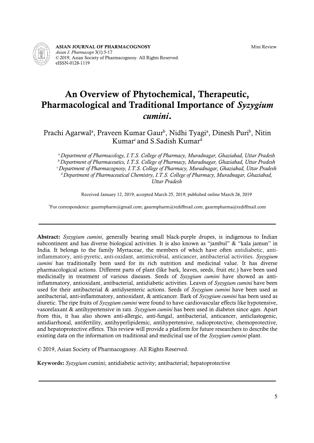 An Overview of Phytochemical, Therapeutic, Pharmacological and Traditional Importance of Syzygium Cumini